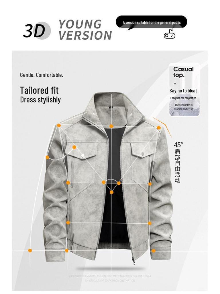 Мужская куртка из натуральной кожи с воротником-стойкой - Модная, универсальная, для стиля Business Casual, мотоциклетная верхняя одежда