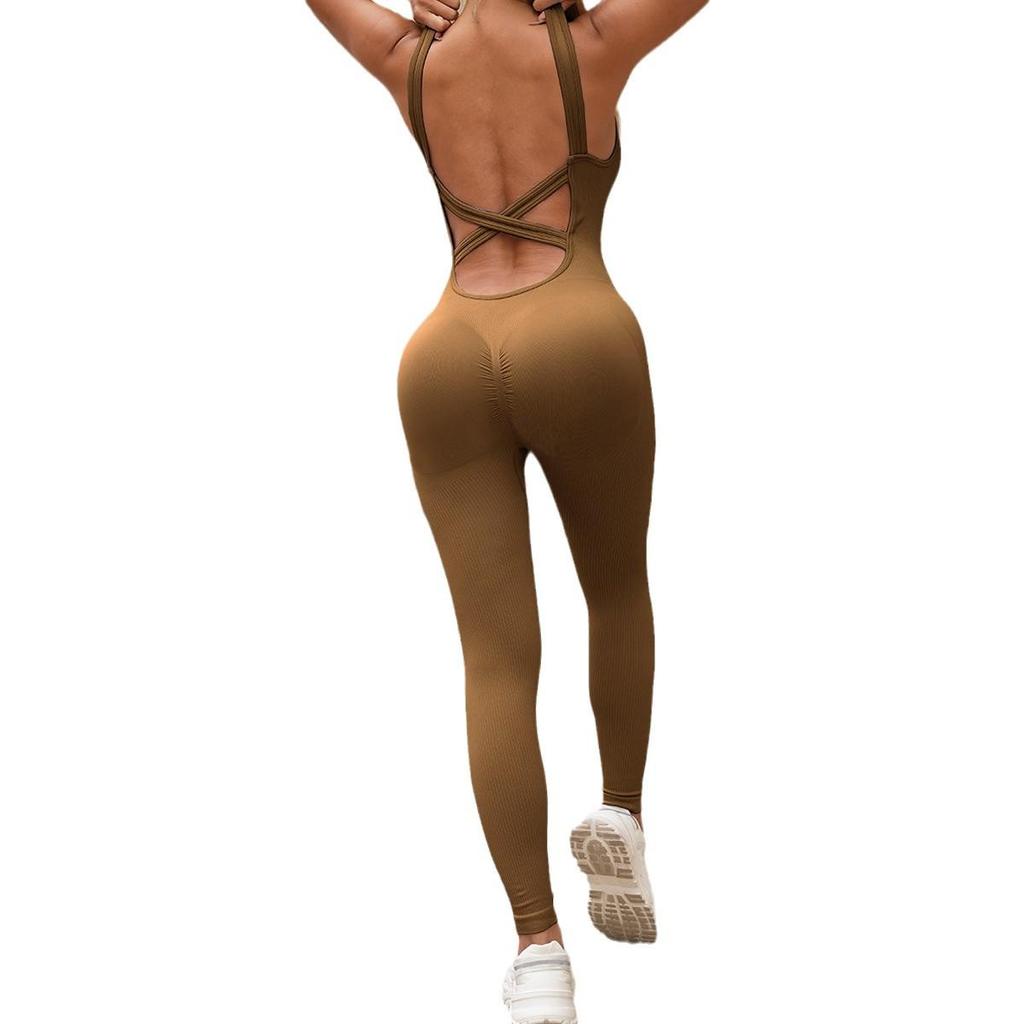 Женский бесшовный спортивный комбинезон без спинки - Эластичный костюм для йоги с длинными брюками, подтягивающими бедра