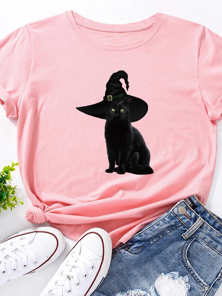 Волшебная шляпа с принтом черного кота женская футболка с коротким рукавом и круглым вырезом свободная футболка женская футболка топы camisetas mujer