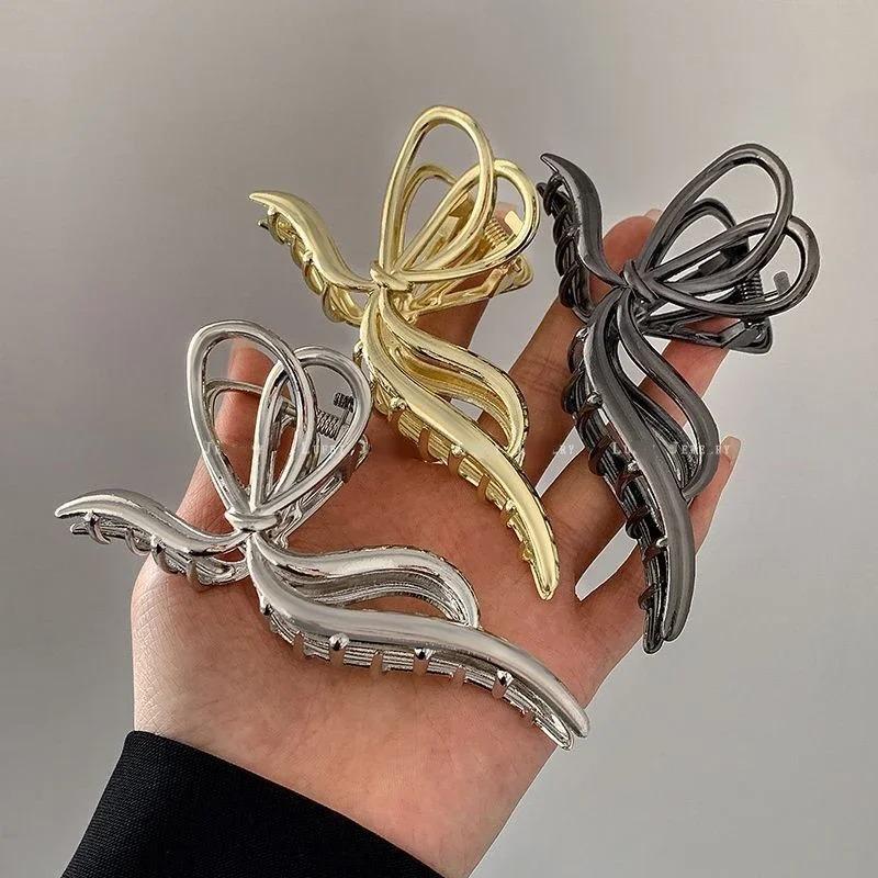 Большой бант Женский зажим-краб для волос для густых тонких волос Аксессуары Модный элегантный Золотой Серебряный Металлический Стример Зажим-краб Ювелирные изделия
