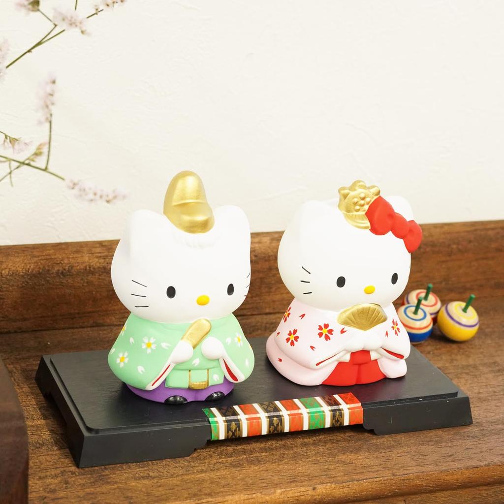 Fukubeya Seto Ware Hello Kitty Standing Hina Dolls with Pedestal | Hinamatsuri (Doll Festival) Ceramic Figurine, Compact, Made in Japan