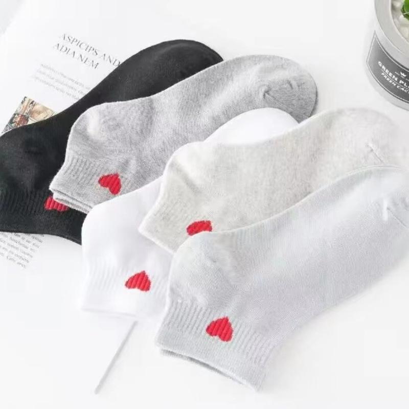5 пар носков, короткие хлопковые носки, носки в стиле Харадзюку с узором в виде сердечек, однотонные милые носки в стиле хип-хоп