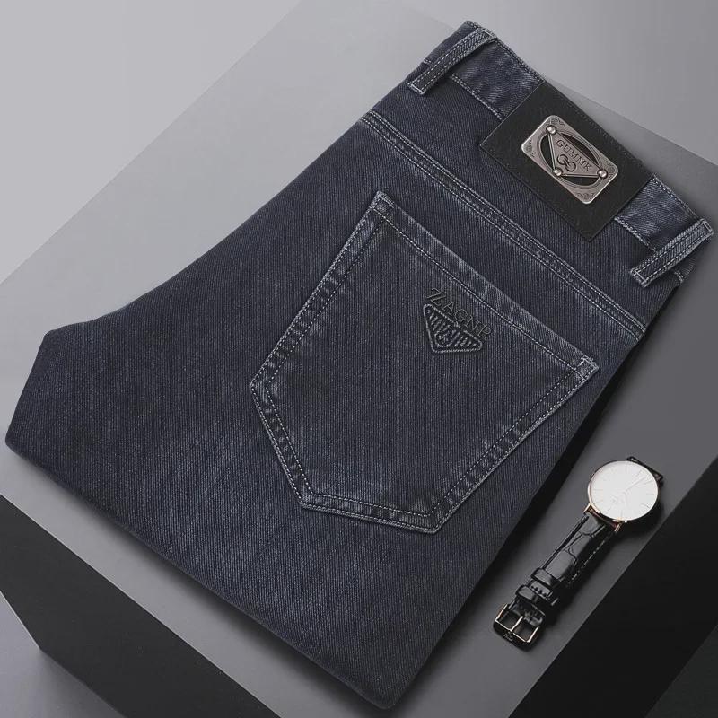 Men's European Style Elastic Straight Jeans, Thick Non-Iron Business Pants for Autumn & Winter