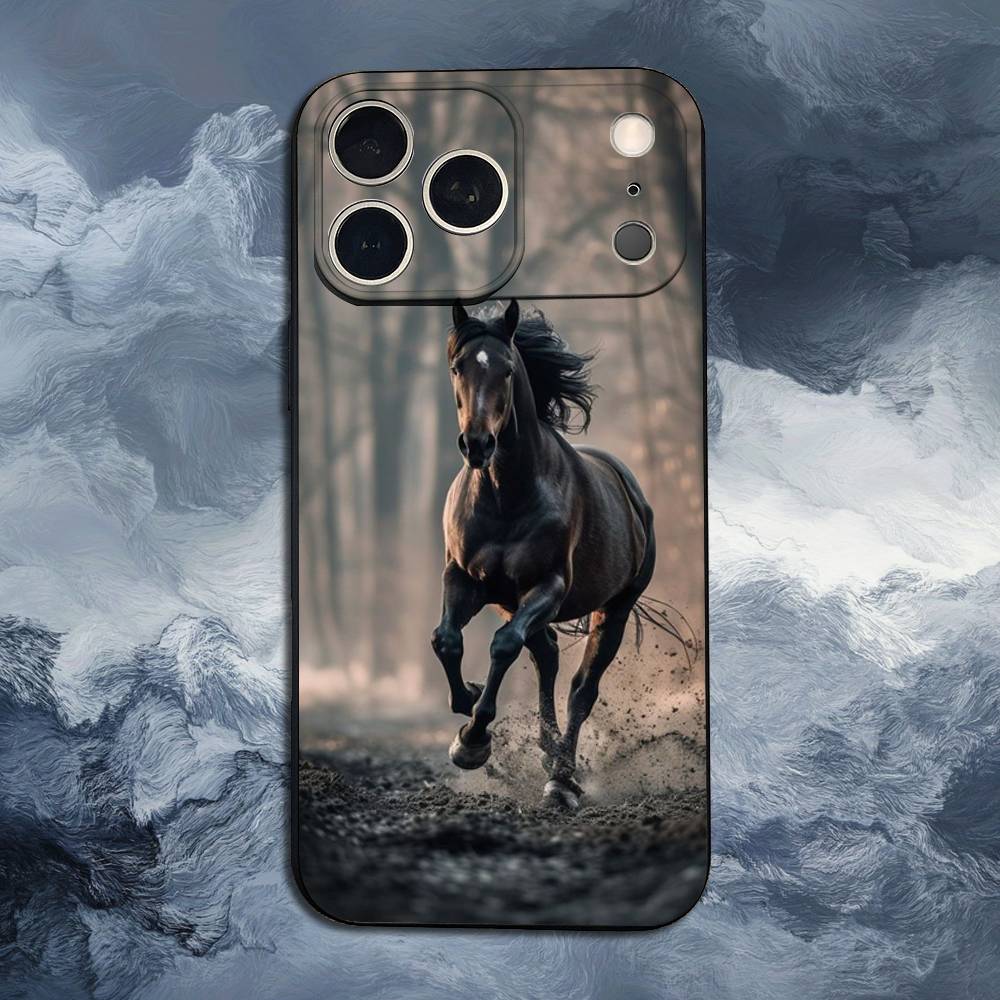 Скачущая Лошадь Животное Для iPhone 12,14,13,15,16,11,17,X,Mini,XR,SE,XS,Plus,Pro,Max,8,7,Мягкий Силиконовый Черный Чехол