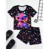 2025 Милый комплект для двух девочек с флуоресцентным красочным принтом кошек, рубашка с короткими рукавами и шорты, удобный, милый, в стиле принцессы