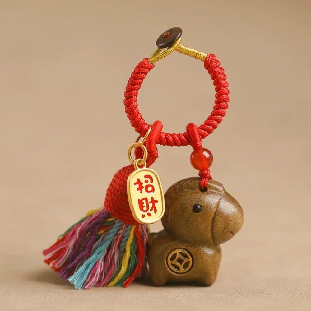 Handmade Rope Sandalwood Keychain Sandalwood Material Fortune Horse Keychain  Festival Decoration