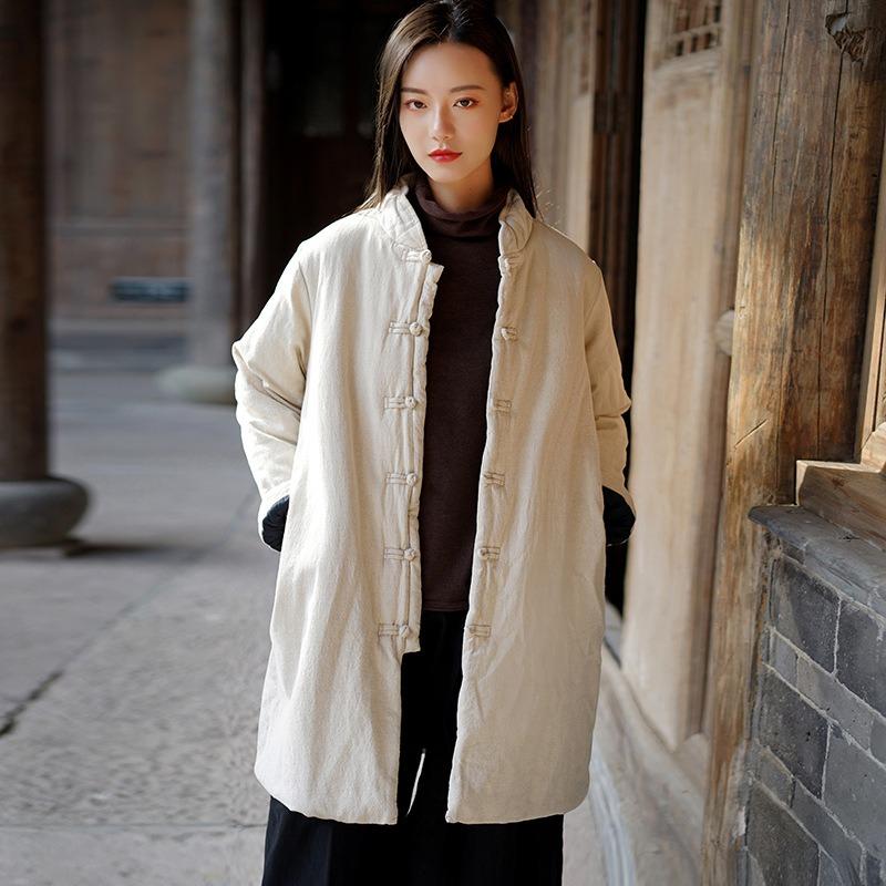 Winter New Loose Retro Stand-up Collar Buckle Linen Medium and Long Cotton-padded Women's Warm Cotton-padded Clothes