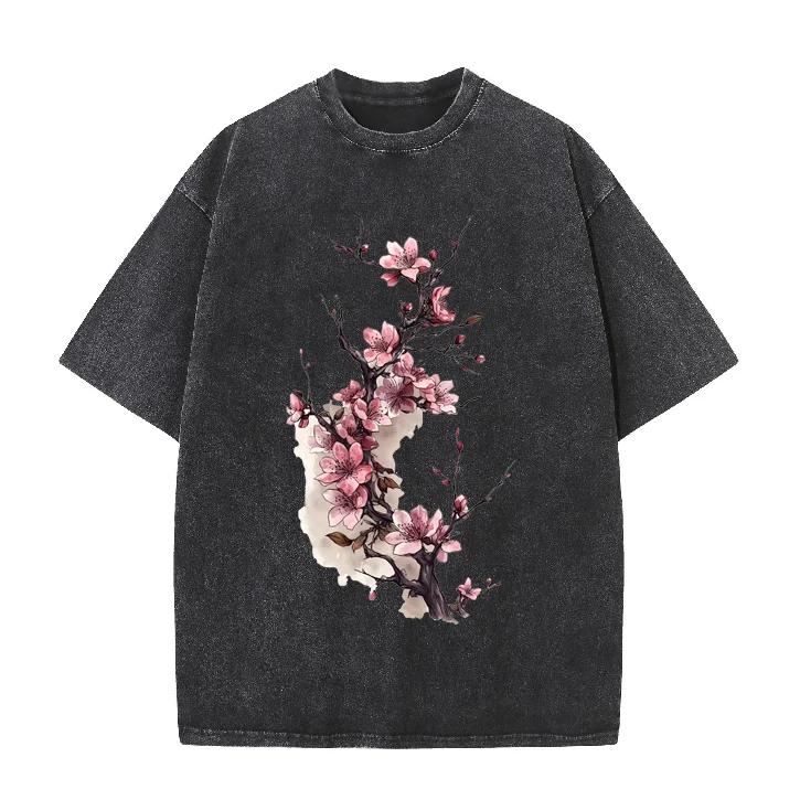 2026 Vintage Washed Beige Chinese Ink Cherry Blossom Graphic T Shirt Floral Print Oversized Casual Short Sleeve Tee
