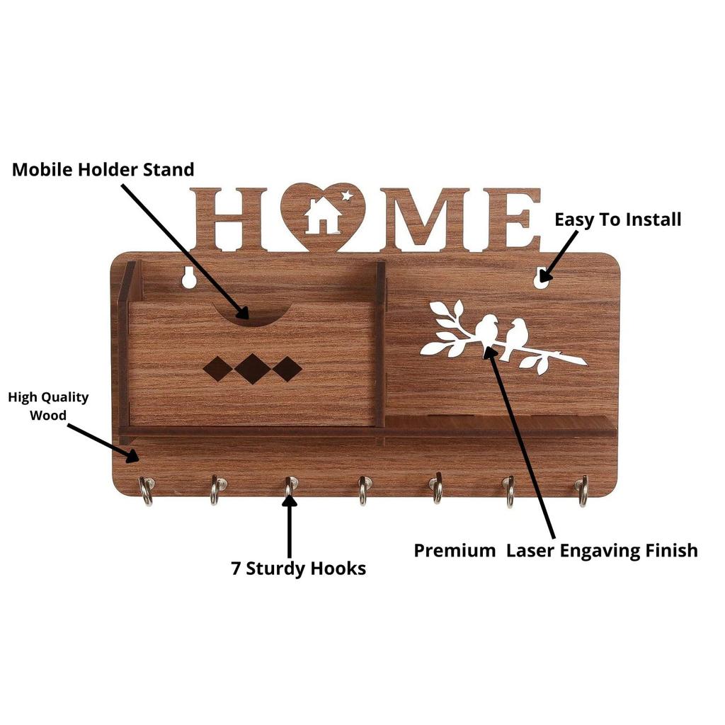 Деревянная полка с матовой отделкой, дизайнерская домашняя боковая настенная полка, ключница с 7 крючками для ключей (коричневый)- Предметы домашнего декора, Предметы украшения Дивали