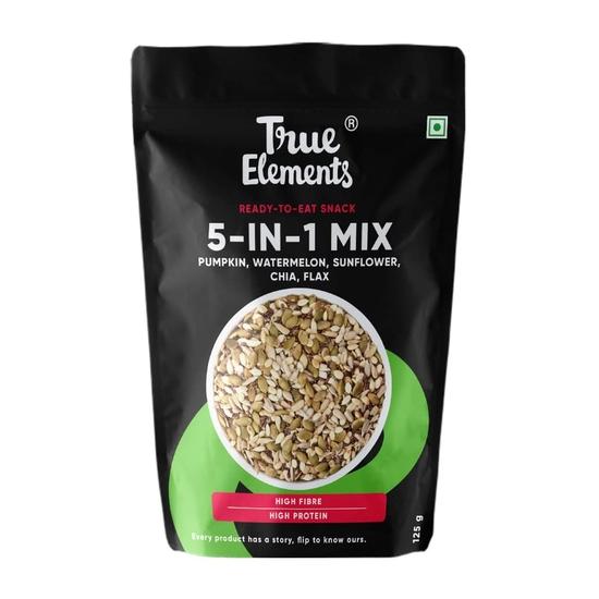 True Elements 5 In 1 Super Seeds Mix 125g - Roasted Sunflower, Pumpkin, Flax, Watermelon & Chia Seeds, Healthy Snacks for Weight Loss