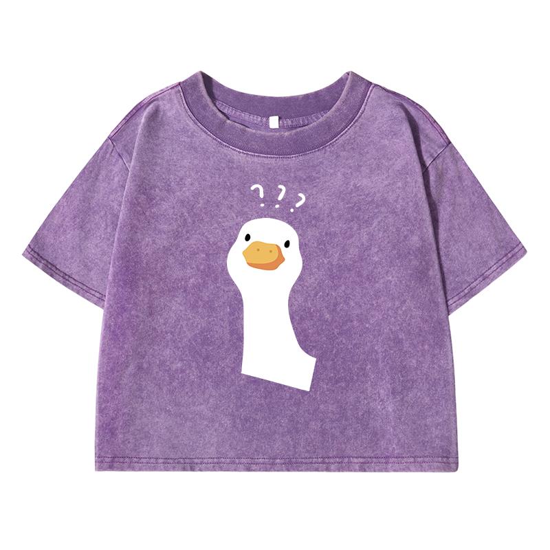 Мультяшный принт с уткой и вопросительным знаком, женская выстиранная футболка с коротким рукавом, дышащий уличный стиль, повседневный топ с эффектом потертости