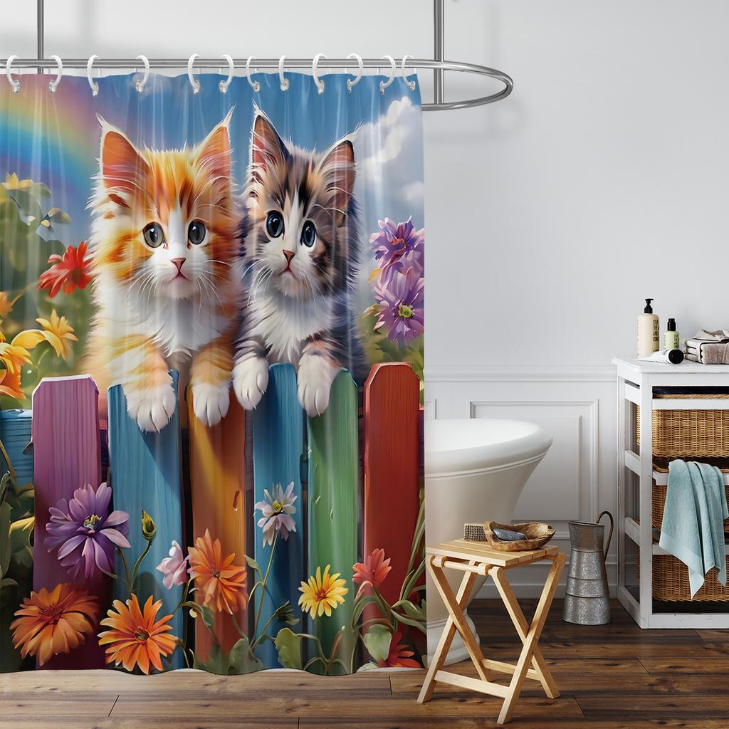 1PC Spring Day, Cat Pattern Printed Shower Curtain, Waterproof, with 12 Hooks, for Bathroom Showers, Bathtub, Home Use