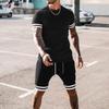7 Colors Striped Patchwork Hem Woven Short Sleeve T Shirt Sets Men Summer Two Pieces Short Pants Suits Sportwear