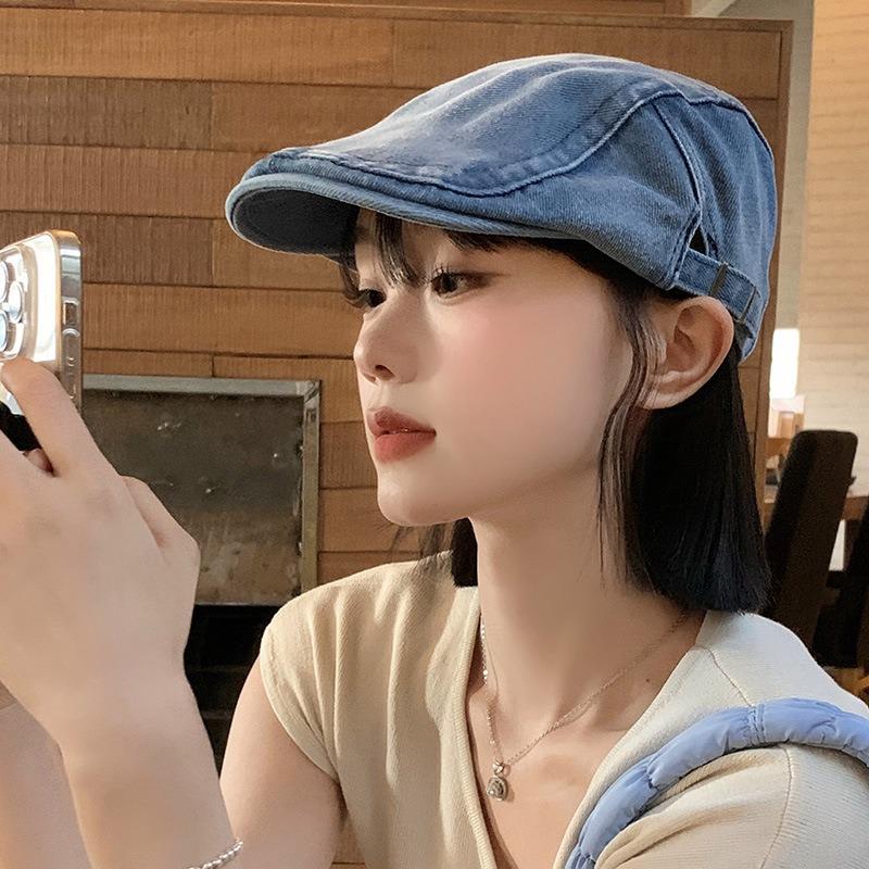 Spring and Autumn Retro Washed Denim Forward Hat Big Head Circumference Showing Face Small Beret Versatile Newsboy Hat Women's