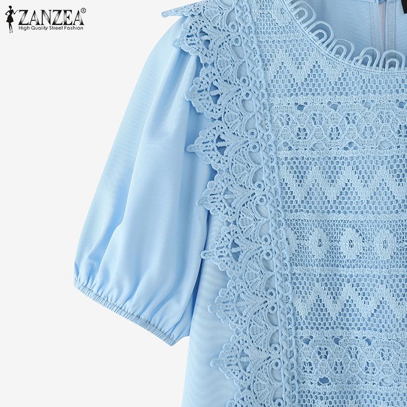 ZANZEA Женская повседневная блузка с круглым вырезом, коротким рукавом, свободного кроя, с лоскутным узором, связанным крючком