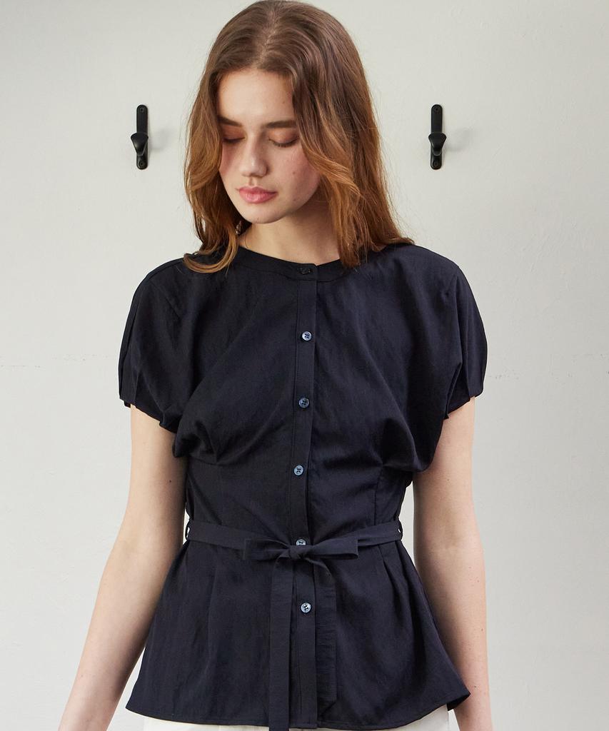 ITOV SEOUL Cocoon Sleeve Belted Blouse Navy