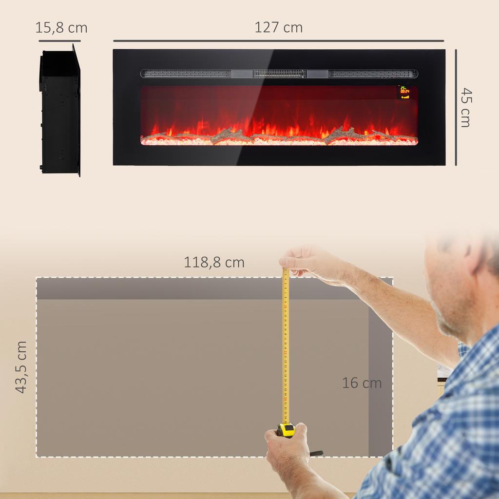 Electric Fireplace, 1800 W, LED Flame Effect, 3 Colors, 5 Brightness Levels, Wall or Recessed Mount
