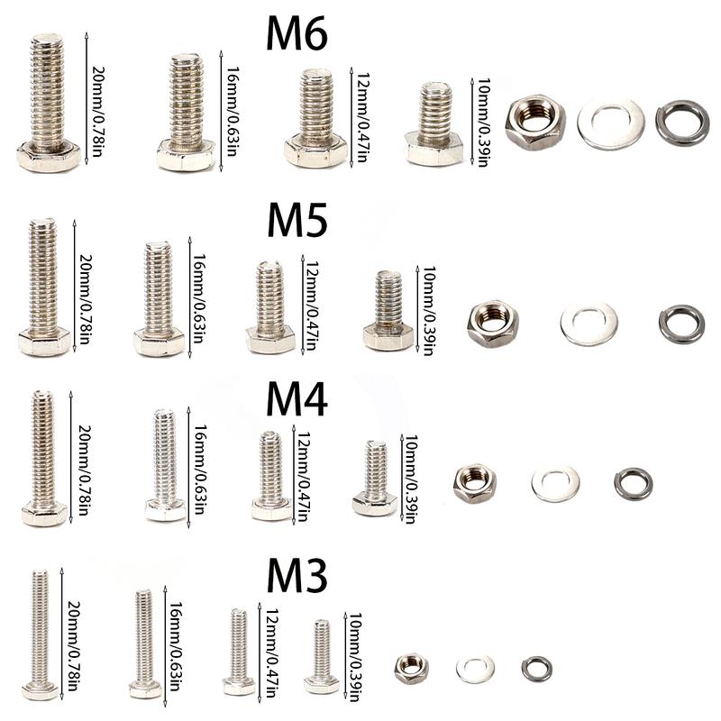 640pcs stainless steel hex bolt, nut, and washer set, M3-M4-M5-M6 full thread, grade 8.8/10.9, SUS, A2/A4 marine grade.