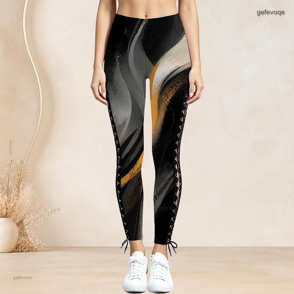 Women Plus Size High Waist Abstract Printed Leggings Side Eyelet Lace Up Full Length Fitted Pants