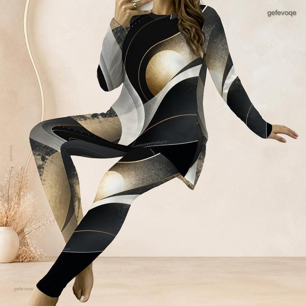 Women Plus Size Two Piece Set Round Neck Long Sleeve Colorful Splash Print Top And Long Pants