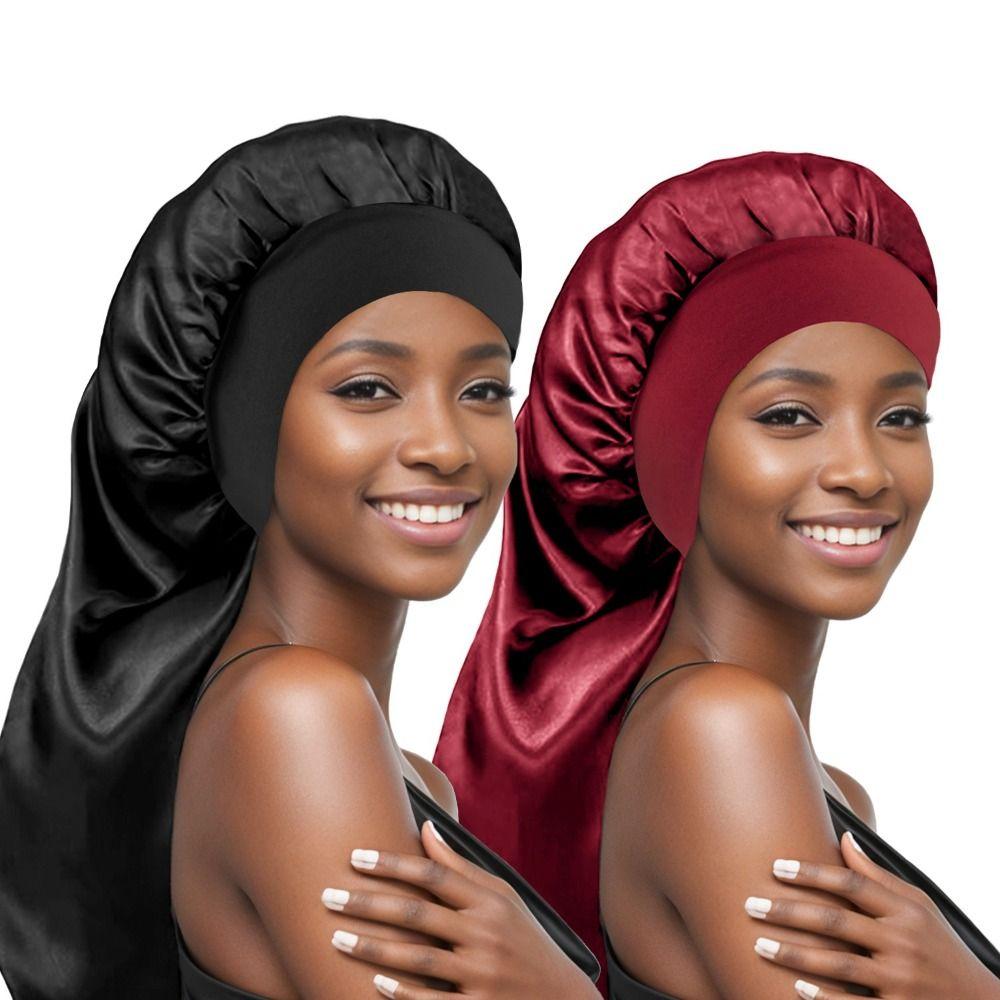 Accessories Satin Long Sleep Cap Edge Wrap With Head Tie Band Night Sleeping Hat Hair Care Beanie Women
