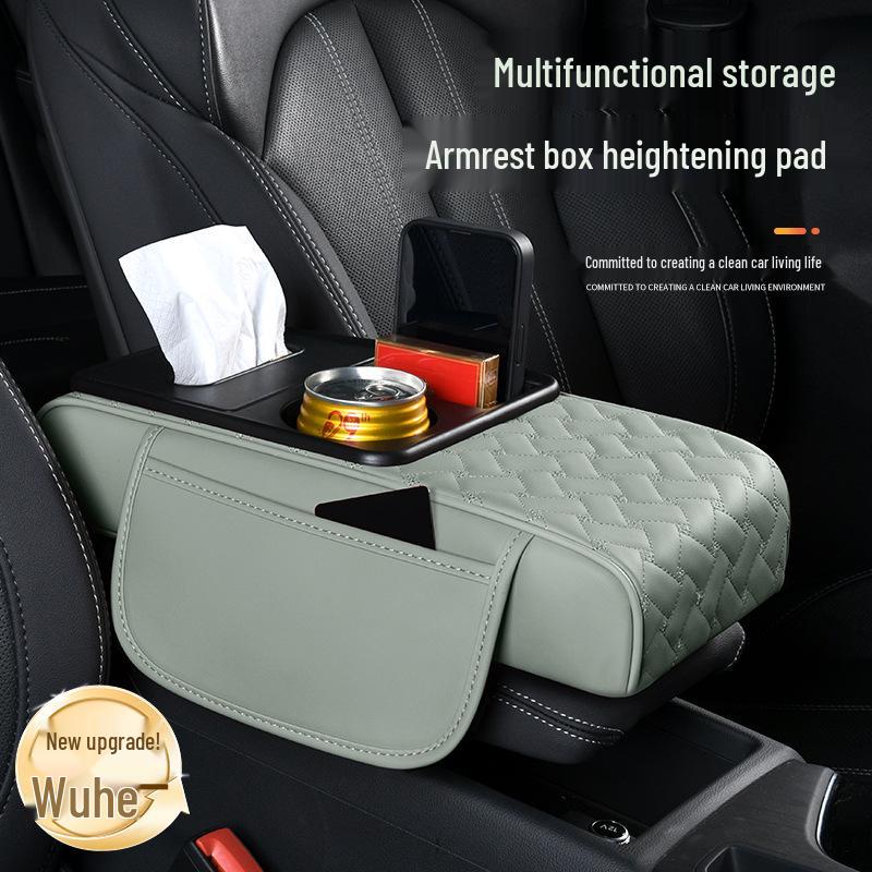 A-Segment Compact Car Armrest Box & Cup Holder Mat with Tissue Storage and Heightening Pad