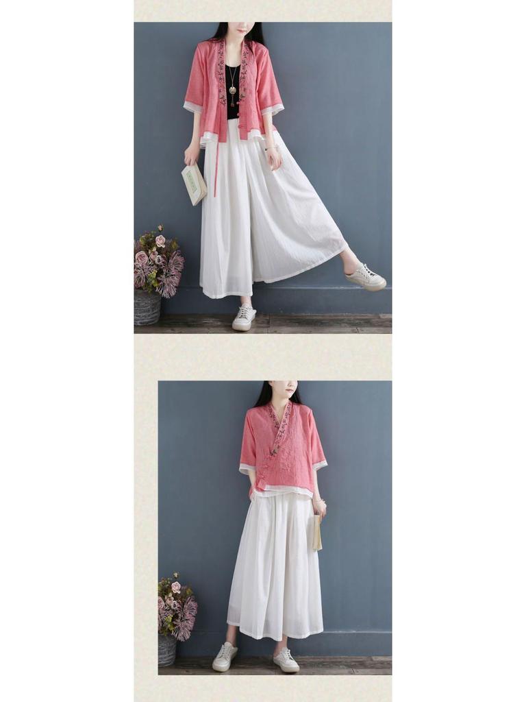 Women's V-Neck Cotton Linen Shirt - Spring/Summer 2024, Loose Fit, Large Size, Casual Short-Sleeve