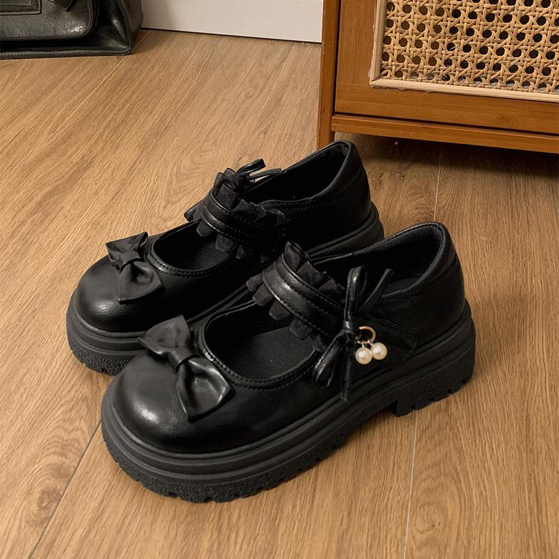 Черные туфли с круглым носком и бантом на платформе, женские кожаные туфли 2025 года, новая юбка на весну и осень, туфли Мэри Джейн с французским эффектом увеличения роста волос