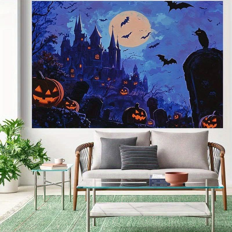 Horror Halloween Background Cloth - Gothic Castle Full Moon Flying Bat Jack Pumpkin Lantern - No Electricity Required