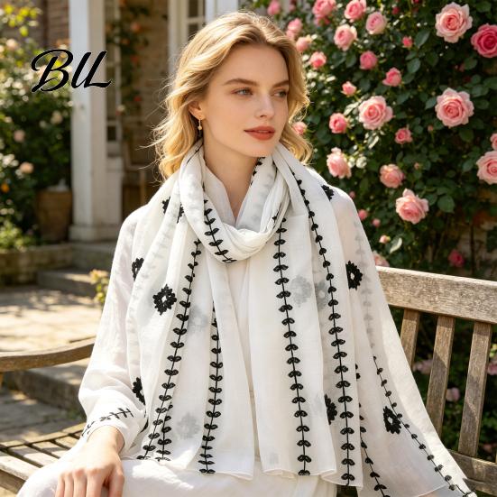 Lightweight Gauze Scarf Solid Color Embroidered Shawl for Women, Soft with Floral Elegant Commuting Vine Texture, 180x90cm Breathable Wrap Spring