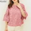 Women Casual Crew Neck 3/4 Sleeve Loose Lace Crochet Blouse