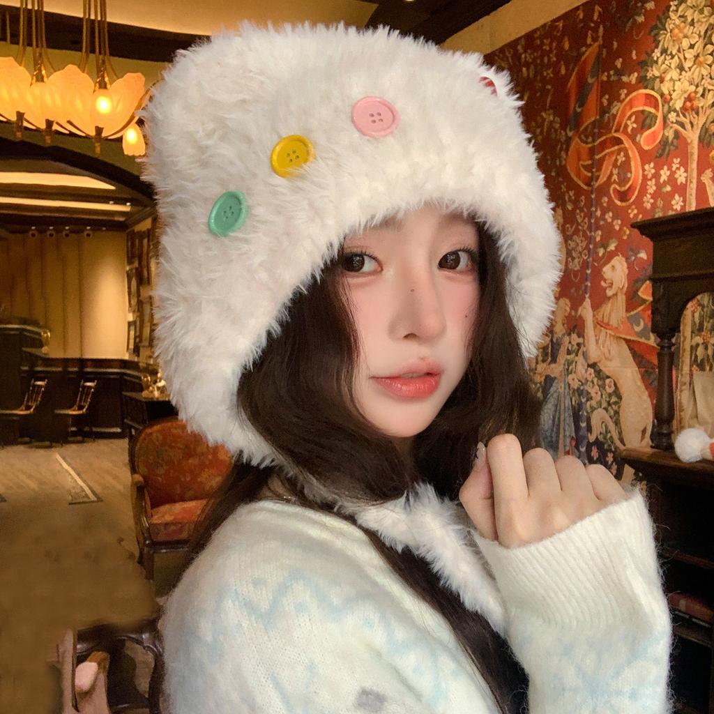 Bear ears plush knitted hat female winter cute face small warm ear protection wool hat cold Lei Feng hat