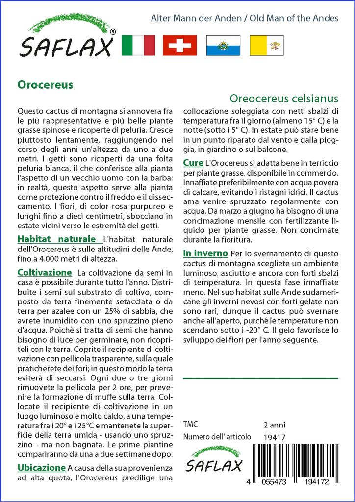 SAFLAX Garden in the Bag - Old Man of the Andes - 40 семян - С субстратом в подходящем пакете - Oreocereus celsianus