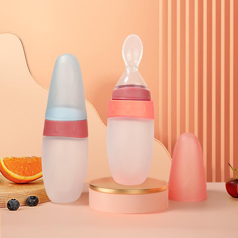 100ml Liquid Silicone Baby Feeder Rice Paste Fruit Puree Toddler Squeeze Feeding Bottle with Dispensing Spoon
