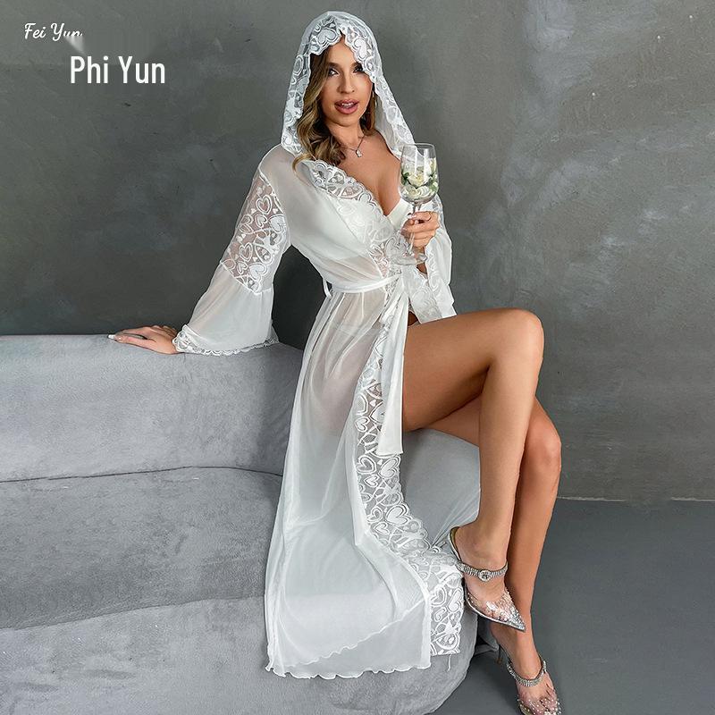 Сексуальный сетчатый халат с капюшоном и кружевной отделкой, нижнее белье с поясом