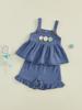 Adorable Infant Girl Floral Denim Ensemble with Sleeveless Babydoll Top and Ruffle Shorts for a Stylish Summer Look