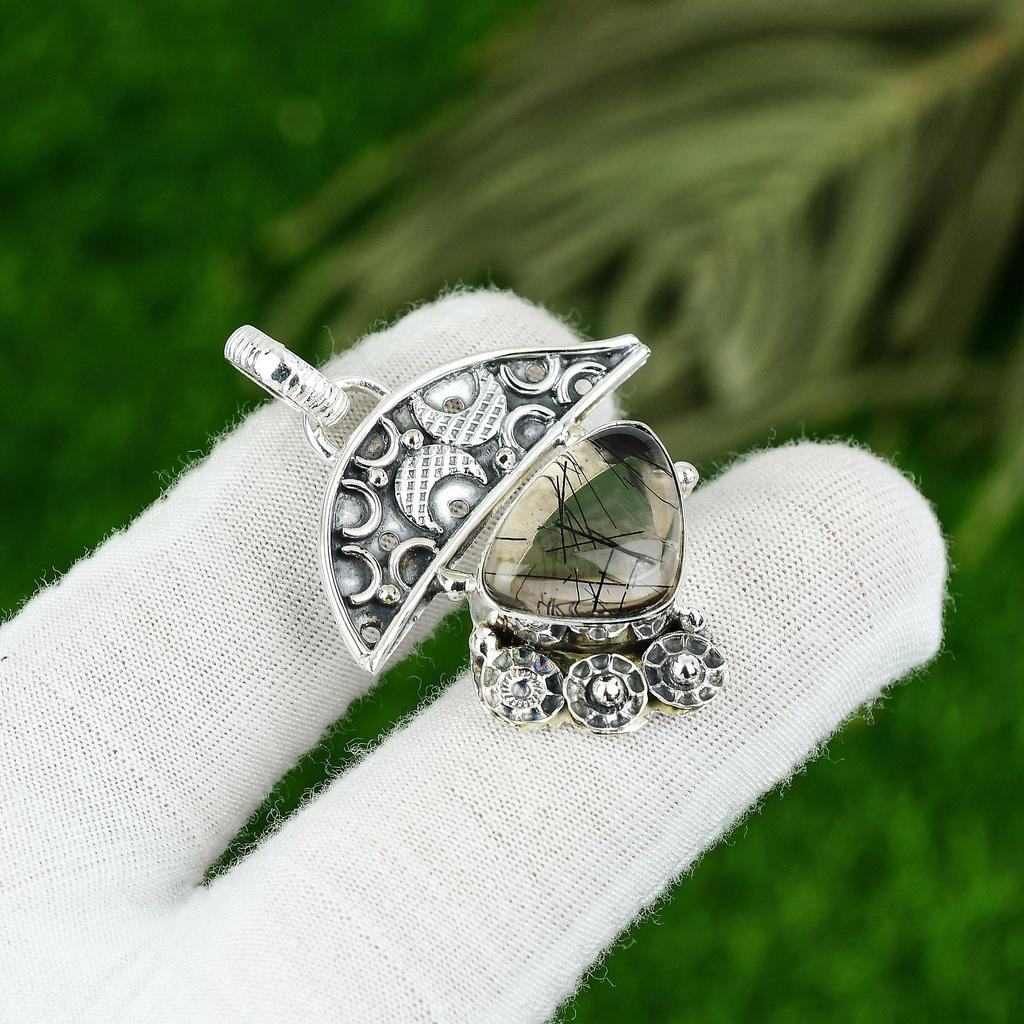 925 Silver Trillion Natural Black Rutile Anniversary Daughter Bezel Boho Pendant