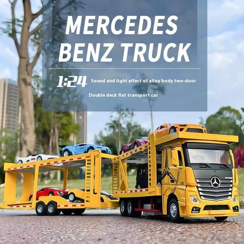 1/24 Mercedes Benz Double Decker Flatbed Transport Vehicle Alloy Diecast Metal Car Model Sound and Light Science Education Series