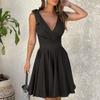 Летние новые сексуальные женские платья без рукавов с бантом, высокая талия, элегантный V-образный вырез, короткое вечернее платье для женщин, повседневное облегающее однотонное модное женское платье 26096
