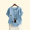 Ladies Pullover Loose Linen Blouse Women Casual Round Neck Cat Print Top Summer Fashion Short Sleeved T-shirt
