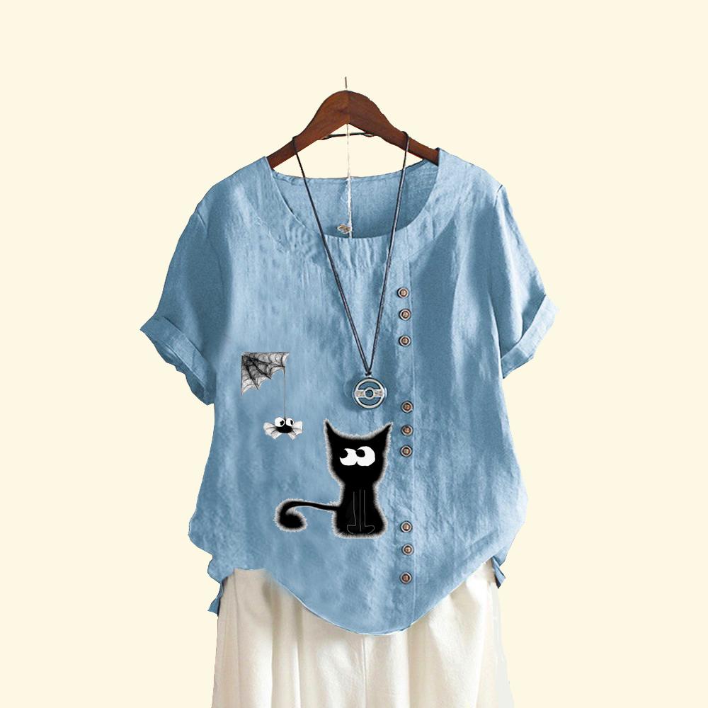 Ladies Pullover Loose Linen Blouse Women Casual Round Neck Cat Print Top Summer Fashion Short Sleeved T-shirt