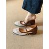 Soft Sheepskin~ Retro Leather Square Head Woven Hollow Mary Jane Shoes Women's Shallow Mouth Square Head Thick Heel with Sandals