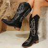 Fashion Women's Embroidery Mid Calf Boots Square Toe Pull On Western Cowboy Boots Woman Comfort Low Heels Pu Leather Rdding Botas Mujer