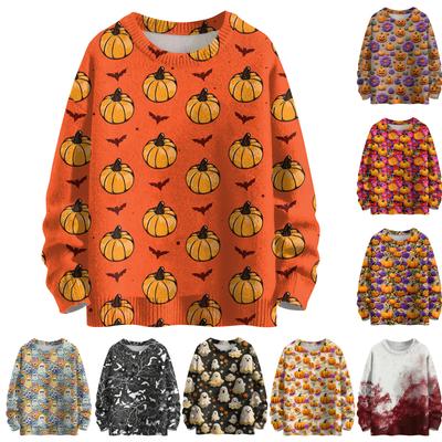 Женский модный повседневный трикотажный пуловер с длинным рукавом и круглым вырезом с принтом на Хэллоуин
