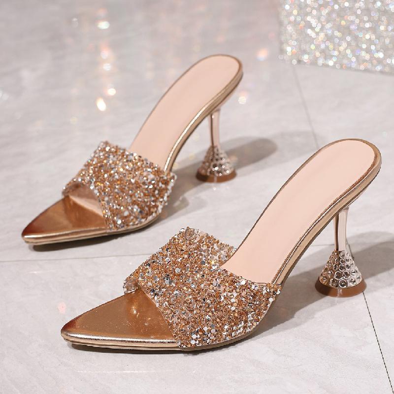 Eilyken Блестящие Кристаллы Бриллианты ПВХ Прозрачные Женские Сандалии Летние С Острым Носком Банкетная Вечеринка Туфли на Высоком Каблуке