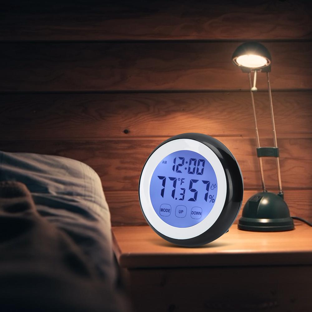 Круглый бытовой сенсорный цифровой электронный будильник с дисплеем температуры и влажности