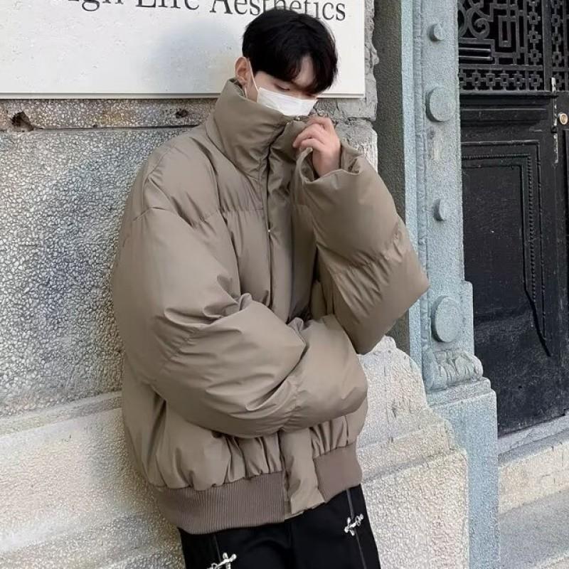 Vintage Winter Cotton Puffer Jacket Men Loose Stand Collar Short Length Warm Casual Coat