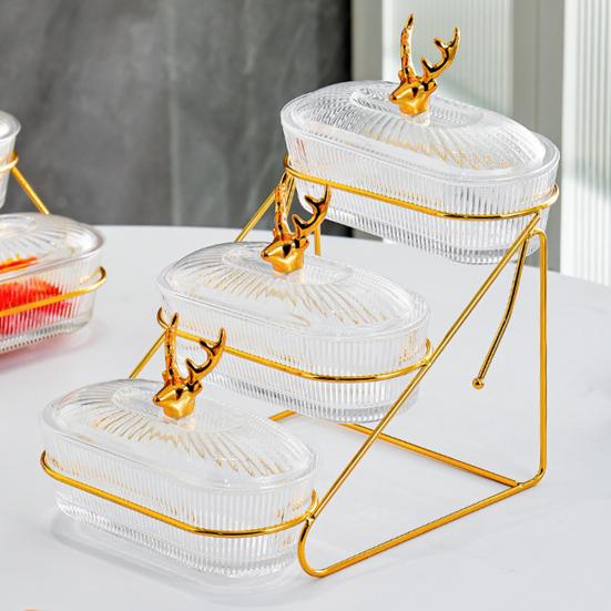 3-Tier Dried Fruit Display Tray with Nut Stand Stylish Elk Lid Sturdy Plastic Iron Frame