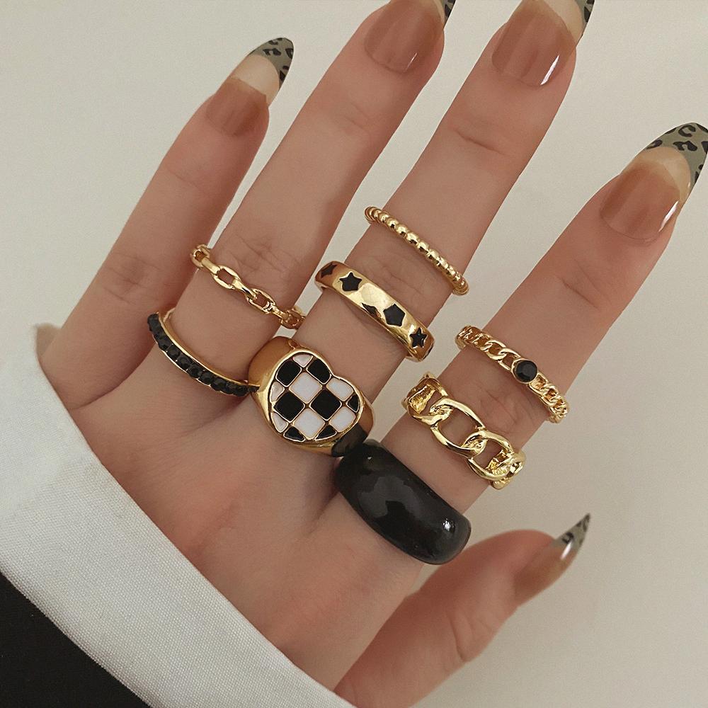 Модное полое кольцо со звездой, комплект женских колец, изысканное подарочное кольцо, черно-белые решетчатые украшения
