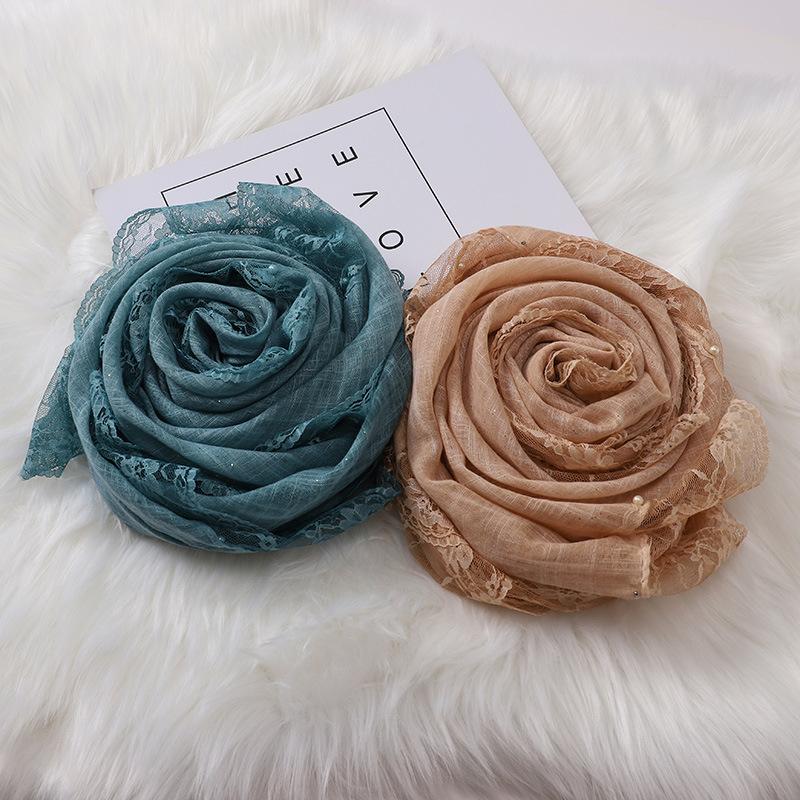 Solid Plain Lace Flower Patchwork Scarf for Women Muslim Islamic Hijab Head Scarves Shawls Female Long Pashmina Headwear